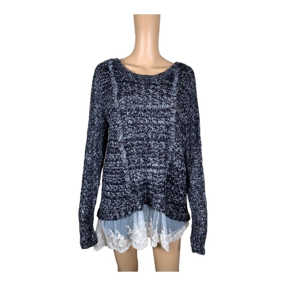 POL Anthropologie Women's Black and White Open Knit Raglan Sweater Size Medium